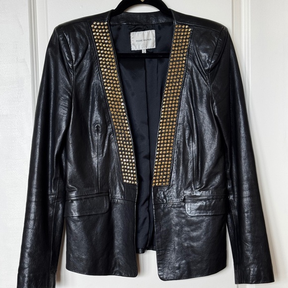 Vintage Pierre Balmain Black Leather Studded Jacket, Sz 40 - Picture 2 of 12